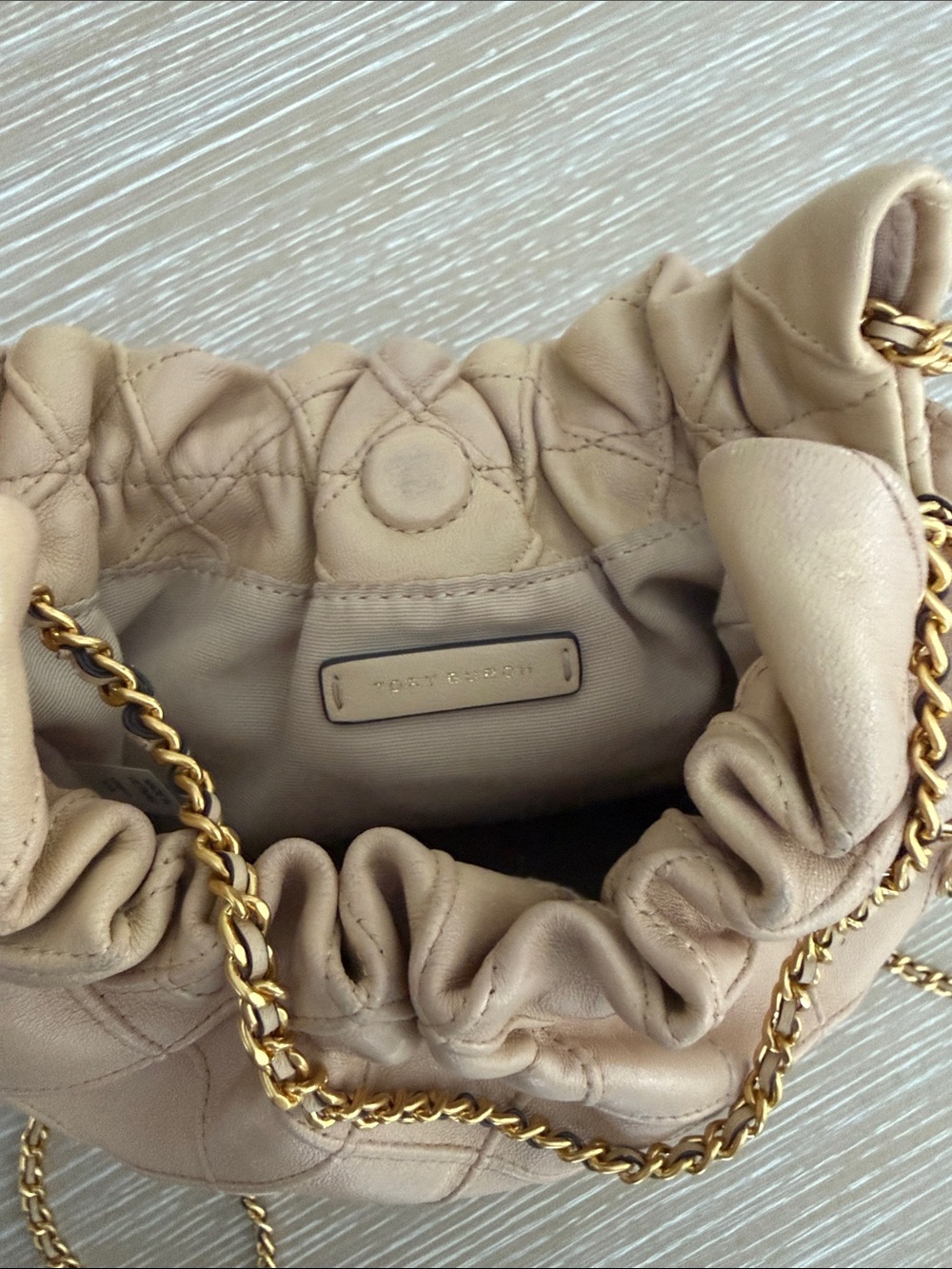 Tory Burch Fleming Mini Hobo Quilted Drawstring Leather Bag Vanilla Gold Chain - Picture 13 of 15